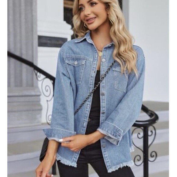 Zeagoo Tops - Women’s Denim Shirt Shacket Button Down Long Sleeves Sz L Cozy Oversized NWT